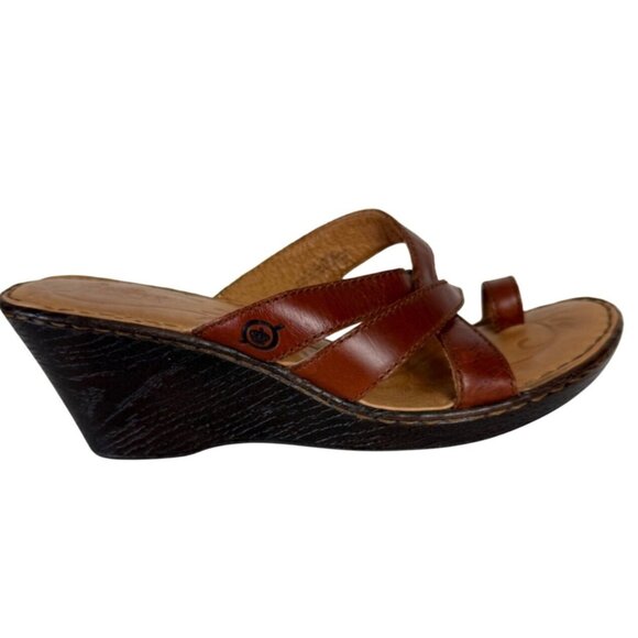 Born Leather Wedge Sandals Size 9 Brown Criss Cross Straps Open Toe Comfortable - Picture 1 of 13